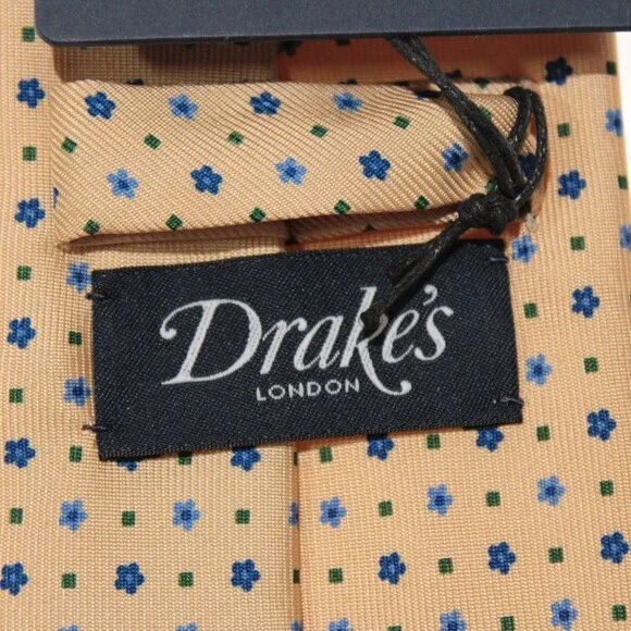 Drake's NWT Neck Tie Beige w/ Blue & Green Mini Floral / Geo Pattern 100% Silk